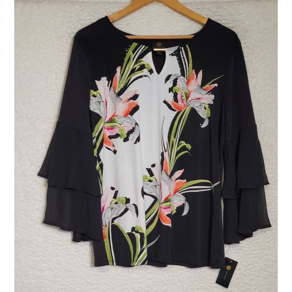 JM Collection Womens Top Size L NEW NWT Sequins Black 3/4‎ Sleeve Floral 1621